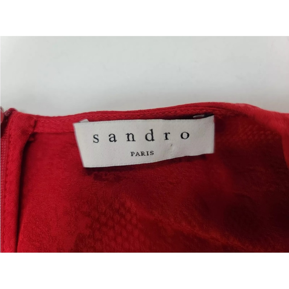 SANDRO Gloria Dress Womens EU 40 Jacquard Gathered Front Patterned V-Neck Red - Picture 3 of 9